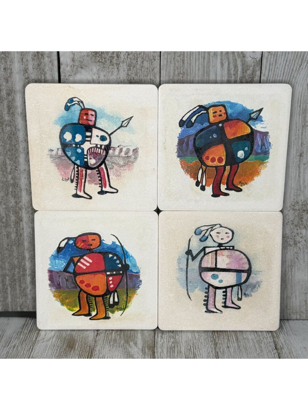 Vintage Hand-Painted Stone / Ceramic Coasters Hopi Kachina Mbala Set of 4